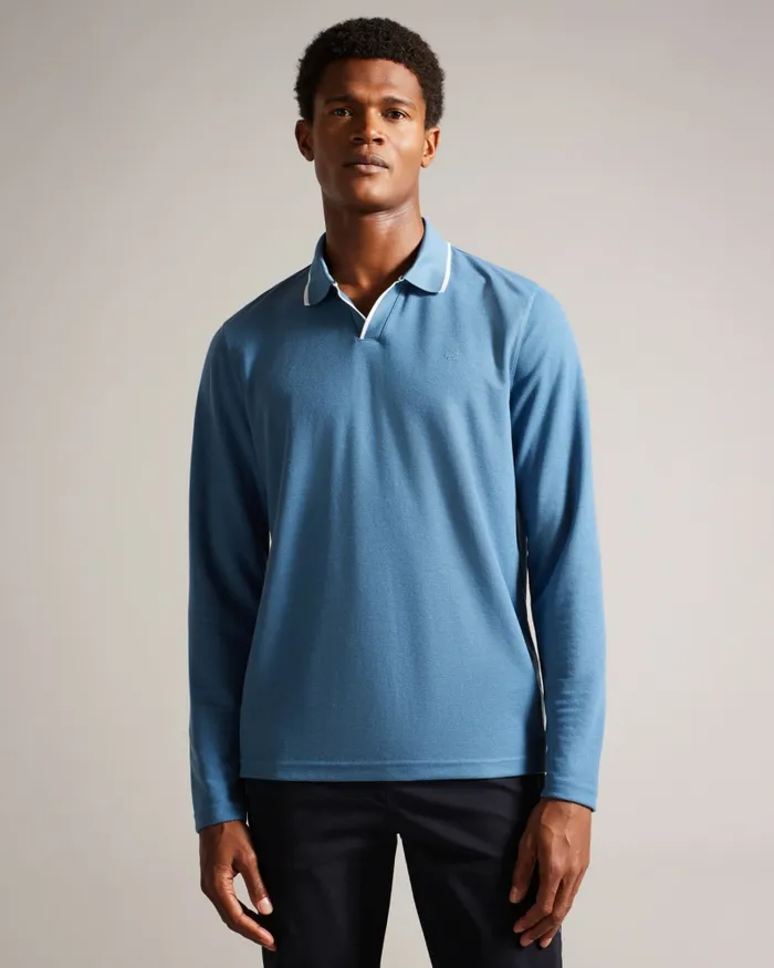 Men MASTE 8211 Long Sleeve Open Collar Polo Shirt Medium Blue Ted Baker Tops Men MASTE 8211 Long Sleeve Open Collar Polo Shirt Medium Blue Ted Baker Tops
