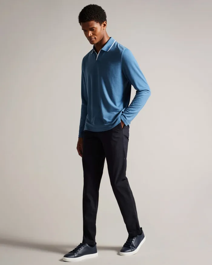 Men MASTE 8211 Long Sleeve Open Collar Polo Shirt Medium Blue Ted Baker Tops Men MASTE 8211 Long Sleeve Open Collar Polo Shirt Medium Blue Ted Baker Tops