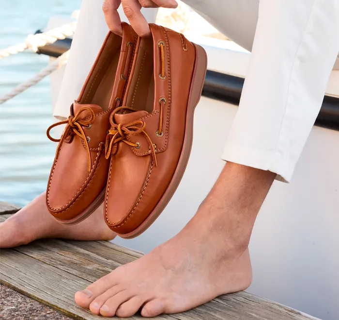 Men Monaco 2Eye Boat Shoe Tan Glove Leather SlipOns and Loafers Johnston and Murphy