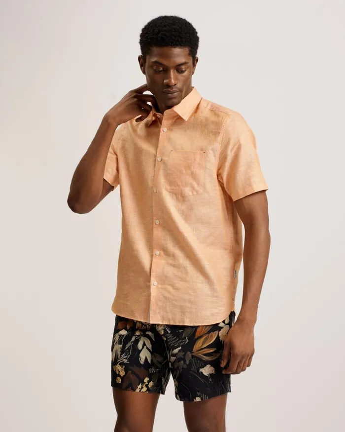 Men PALOMAS 8211 Short Sleeve Linen Cotton Shirt Dark Orange Ted Baker Shirts
