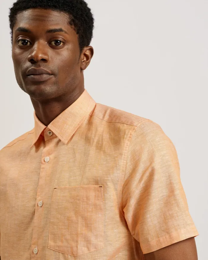 Men PALOMAS 8211 Short Sleeve Linen Cotton Shirt Dark Orange Ted Baker Shirts