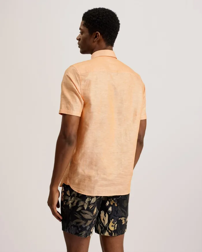 Men PALOMAS 8211 Short Sleeve Linen Cotton Shirt Dark Orange Ted Baker Shirts