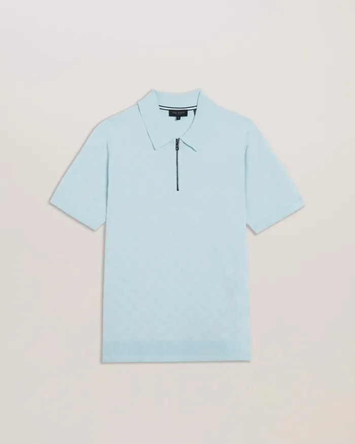 Men PALTON 8211 Textured Knit Zip Polo Shirt Pale Blue Ted Baker Polo Shirts