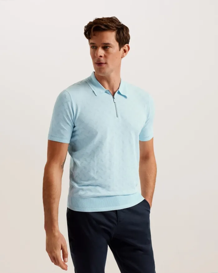 Men PALTON 8211 Textured Knit Zip Polo Shirt Pale Blue Ted Baker Polo Shirts Men PALTON 8211 Textured Knit Zip Polo Shirt Pale Blue Ted Baker Polo Shirts