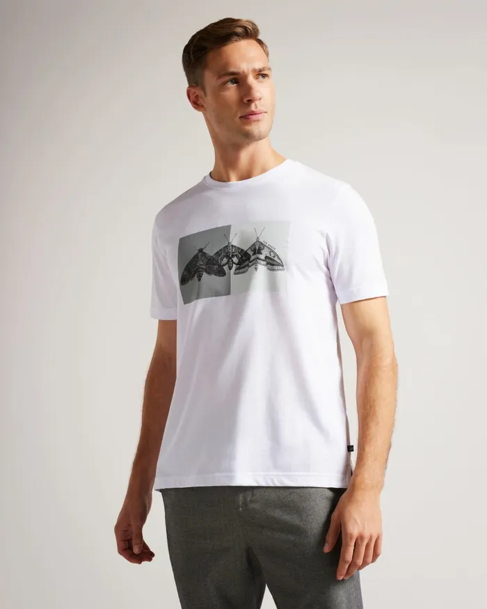 Men REWILD 8211 Short Sleeve Regular Fit Moth Print TShirt White Ted Baker Tops