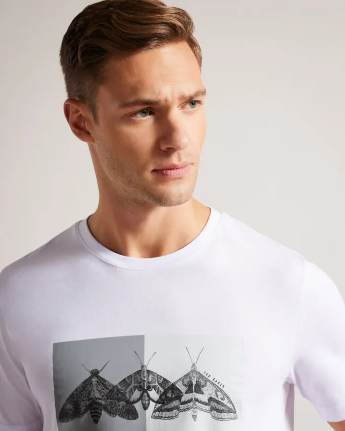 Men REWILD 8211 Short Sleeve Regular Fit Moth Print TShirt White Ted Baker Tops