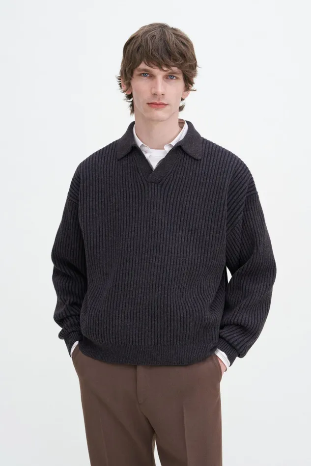 Men Ribbed Wool Polo Shirt Mochanavy Filippa K Knitwear