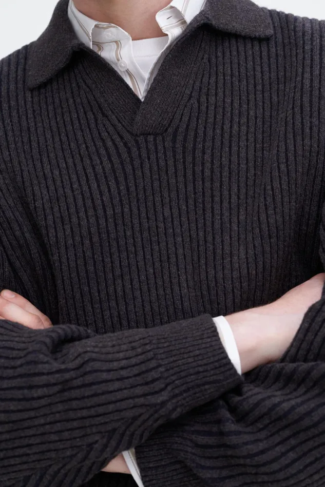 Men Ribbed Wool Polo Shirt Mochanavy Filippa K Knitwear