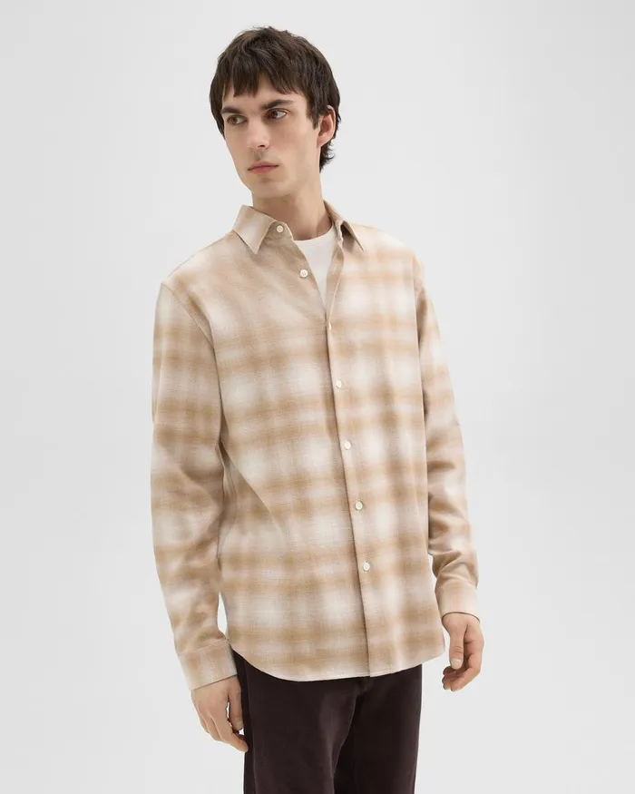 Men Shirts Theory Irving Shirt In Plaid Cotton Flannel Natural Melange