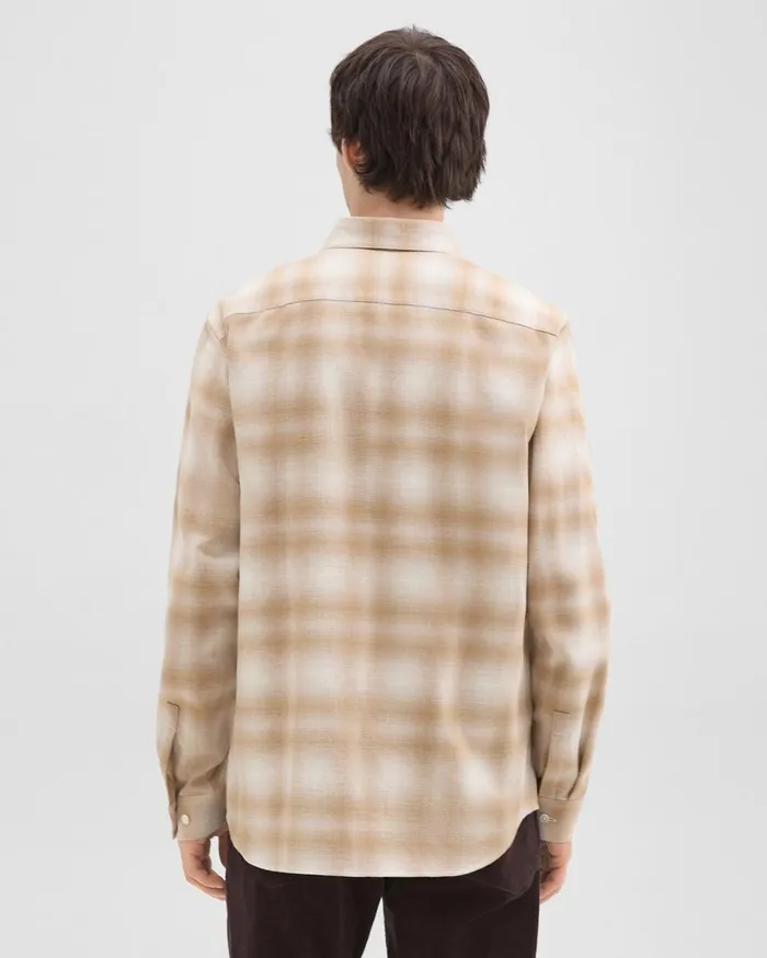 Men Shirts Theory Irving Shirt In Plaid Cotton Flannel Natural Melange