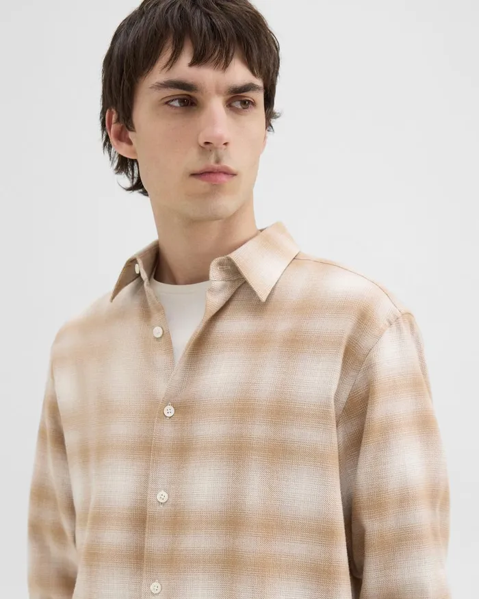 Men Shirts Theory Irving Shirt In Plaid Cotton Flannel Natural Melange