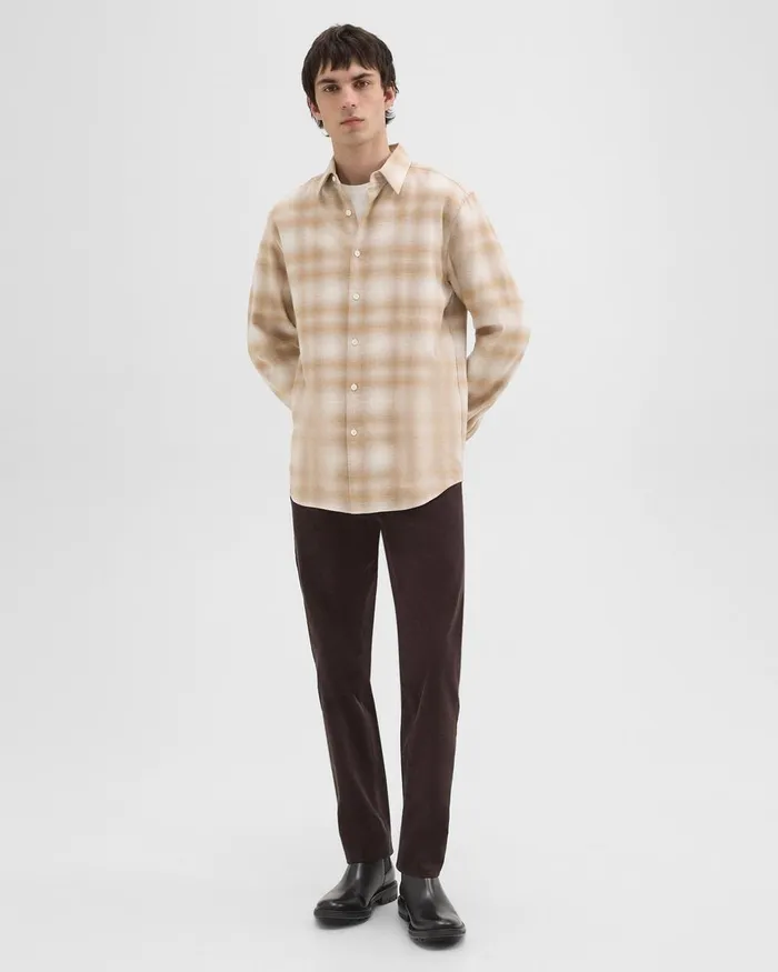 Men Shirts Theory Irving Shirt In Plaid Cotton Flannel Natural Melange
