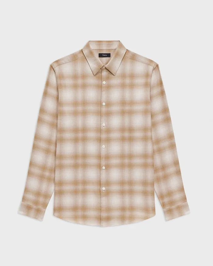 Men Shirts Theory Irving Shirt In Plaid Cotton Flannel Natural Melange
