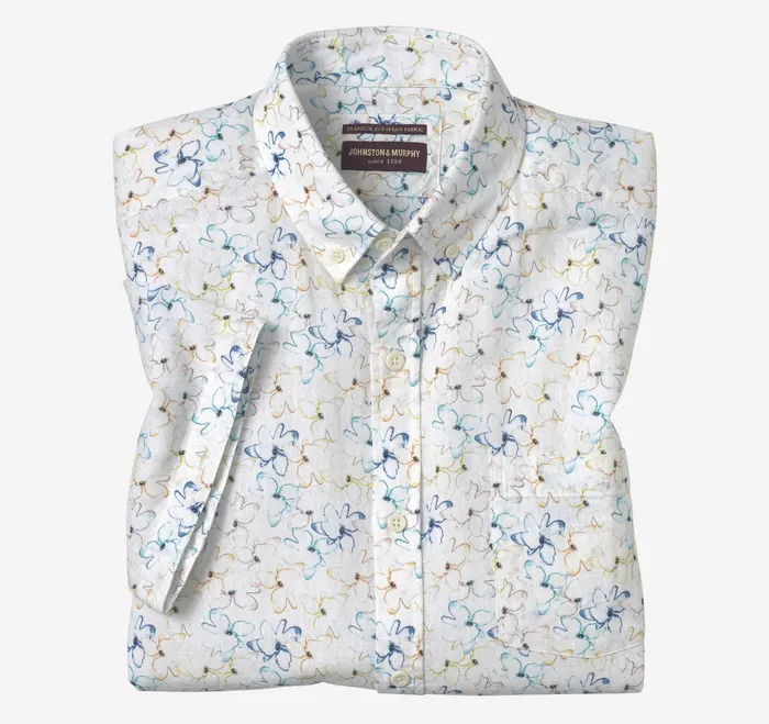 Men ShortSleeve Shirts Johnston and Murphy CottonLinen ShortSleeve Print Shirt White Floral
