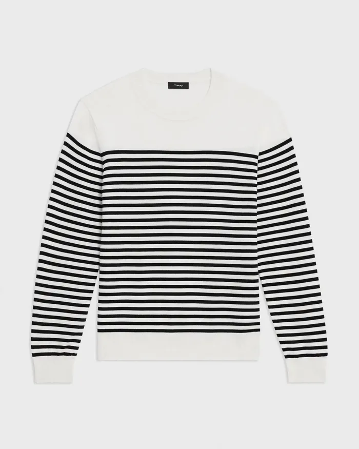 Men Sweaters Cardigans Theory Striped Crewneck Sweater In Merino Wool White Multi