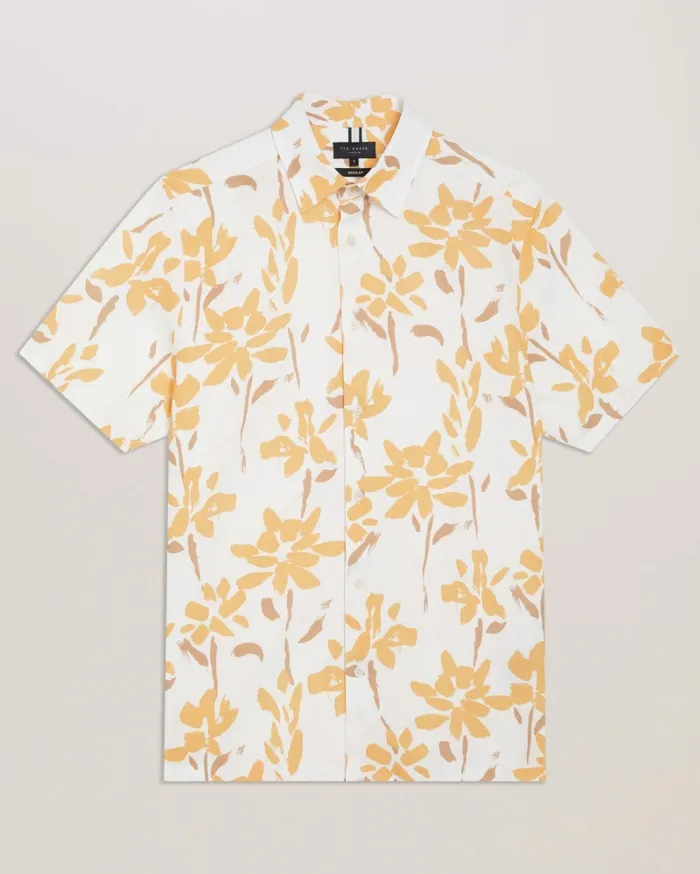 Men VERZEE 8211 Short Sleeve Floral Print Shirt Yellow Ted Baker Shirts