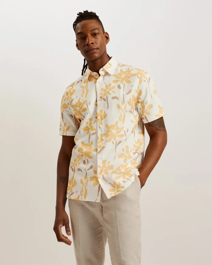 Men VERZEE 8211 Short Sleeve Floral Print Shirt Yellow Ted Baker Shirts Men VERZEE 8211 Short Sleeve Floral Print Shirt Yellow Ted Baker Shirts