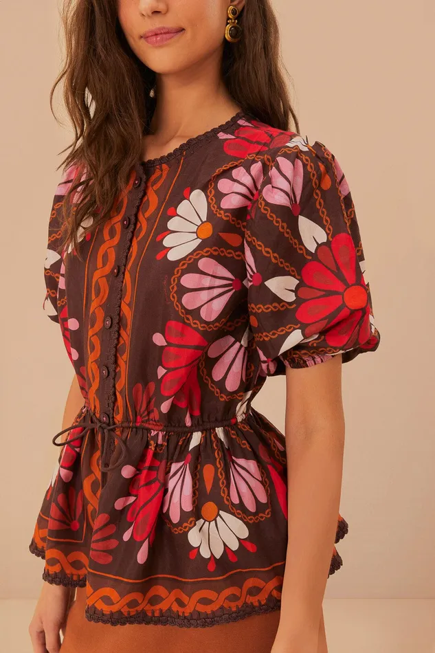 Miranda Brown Short Sleeve Blouse Women Farm Rio Blouses
