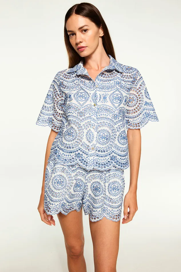 Misa Los Angeles Belen Short Blue Embroidered Eyelet Women Skirts and Shorts