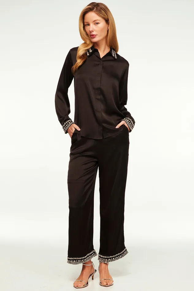 Misa Los Angeles Ellie Top Black Satin Women Matching Sets