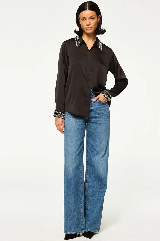 Misa Los Angeles Ellie Top Black Satin Women Matching Sets