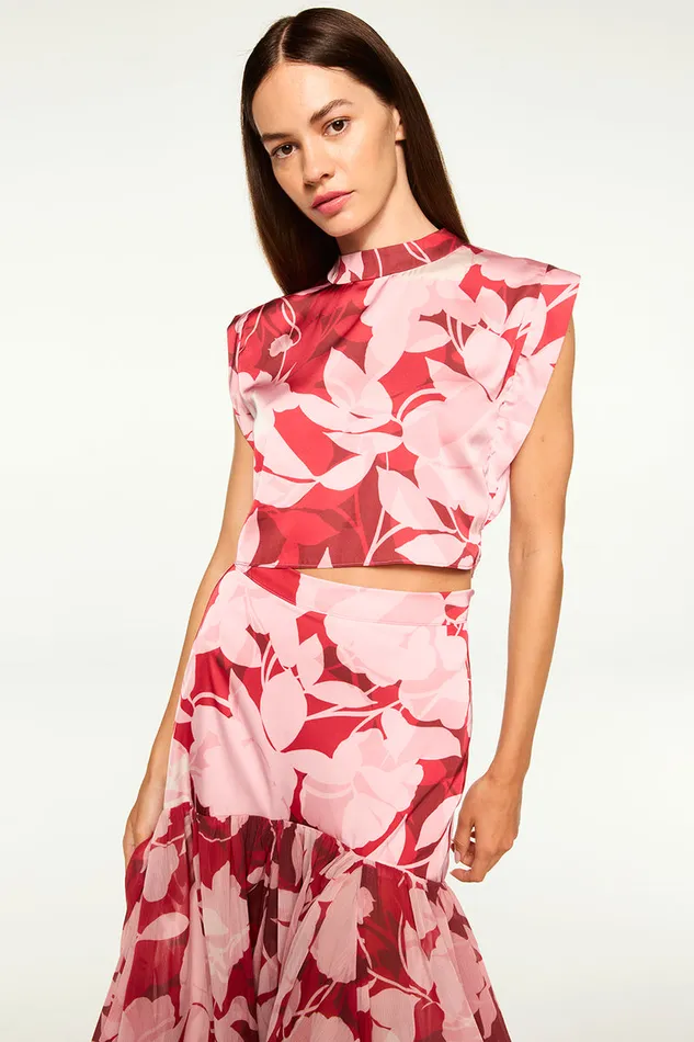 Misa Los Angeles Inah Top Flora Rosada Satin Women Tops