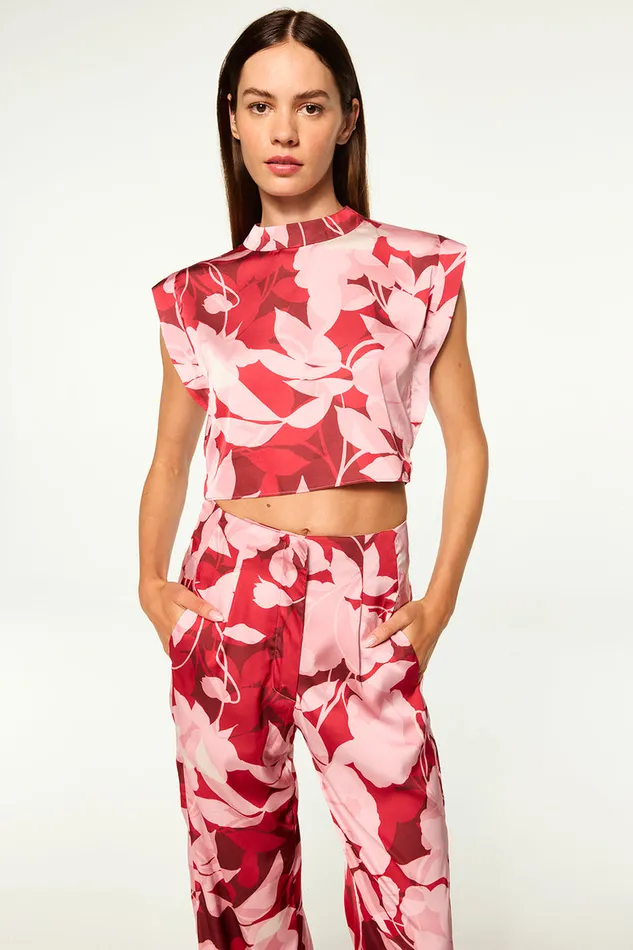 Misa Los Angeles Inah Top Flora Rosada Satin Women Tops