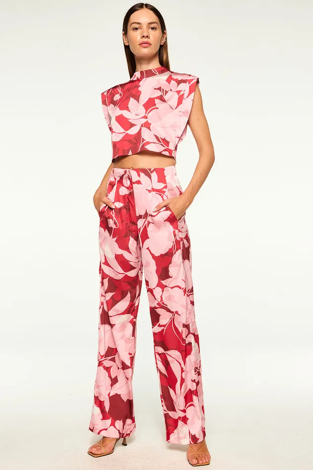 Misa Los Angeles Inah Top Flora Rosada Satin Women Tops