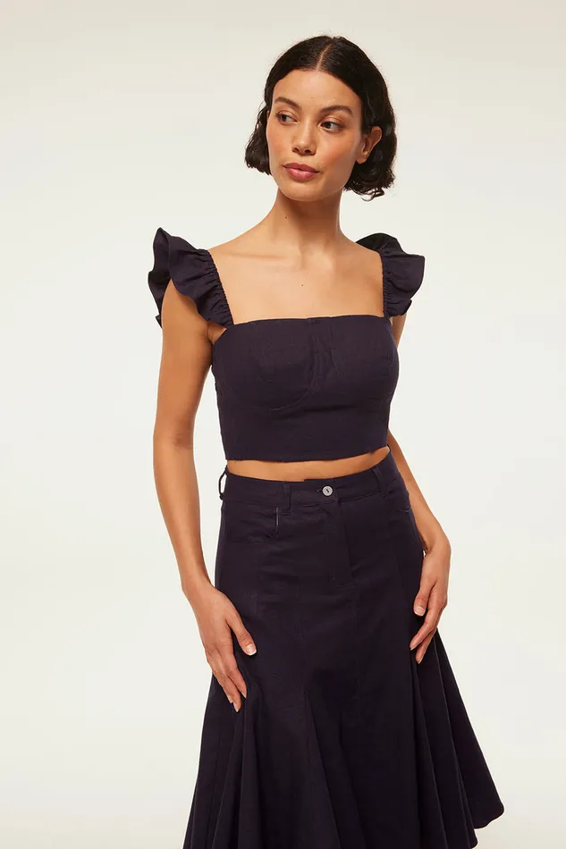 Misa Los Angeles Miya Top Navy Linen Women Matching Sets