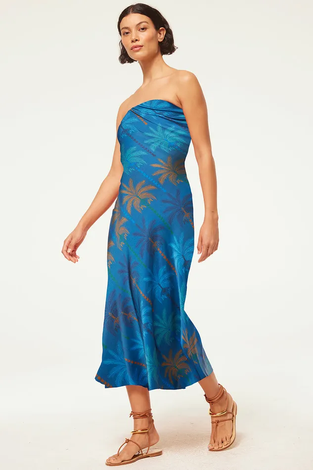 Misa Los Angeles Thara Dress Cobalt Palms Satin Women Dresses