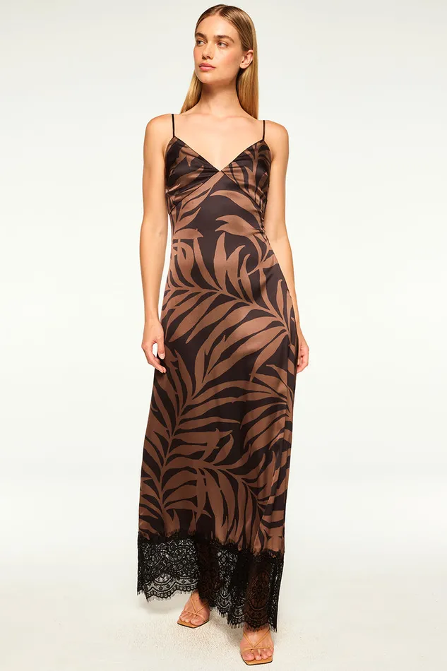 Misa Los Angeles Tova Dress Chocolate Palm Frond Satin Women Dresses
