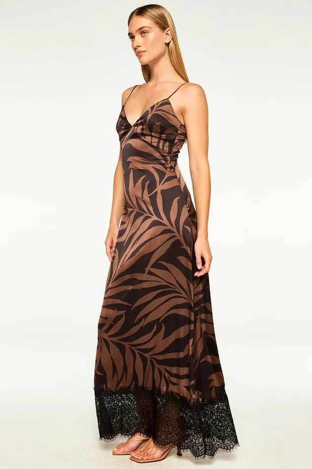 Misa Los Angeles Tova Dress Chocolate Palm Frond Satin Women Dresses