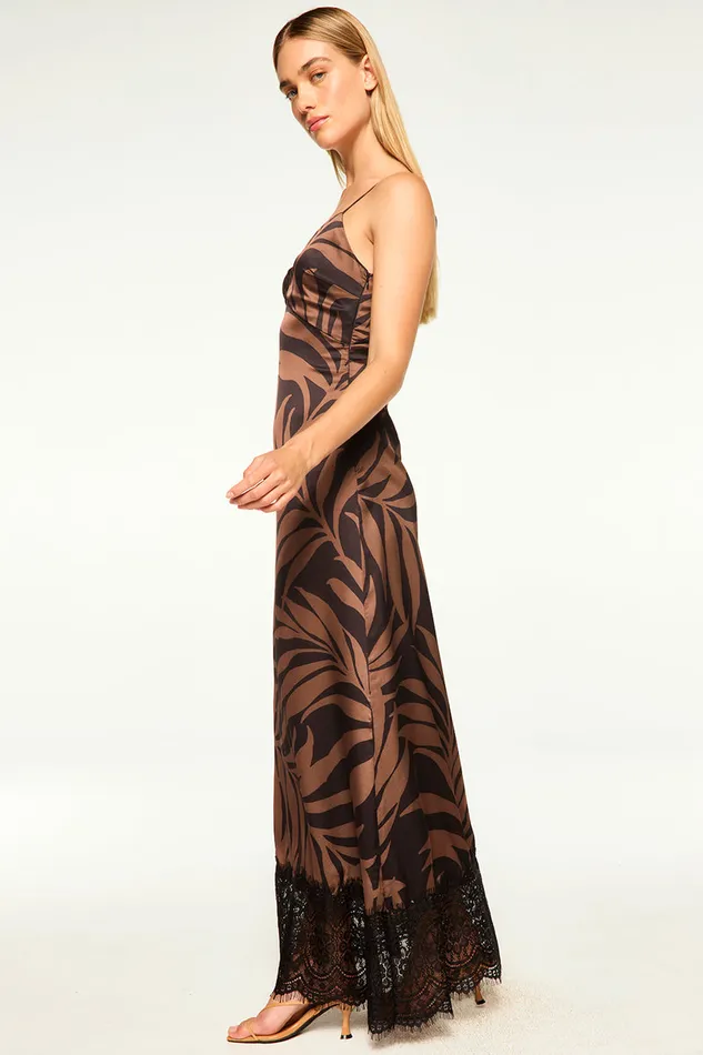 Misa Los Angeles Tova Dress Chocolate Palm Frond Satin Women Dresses