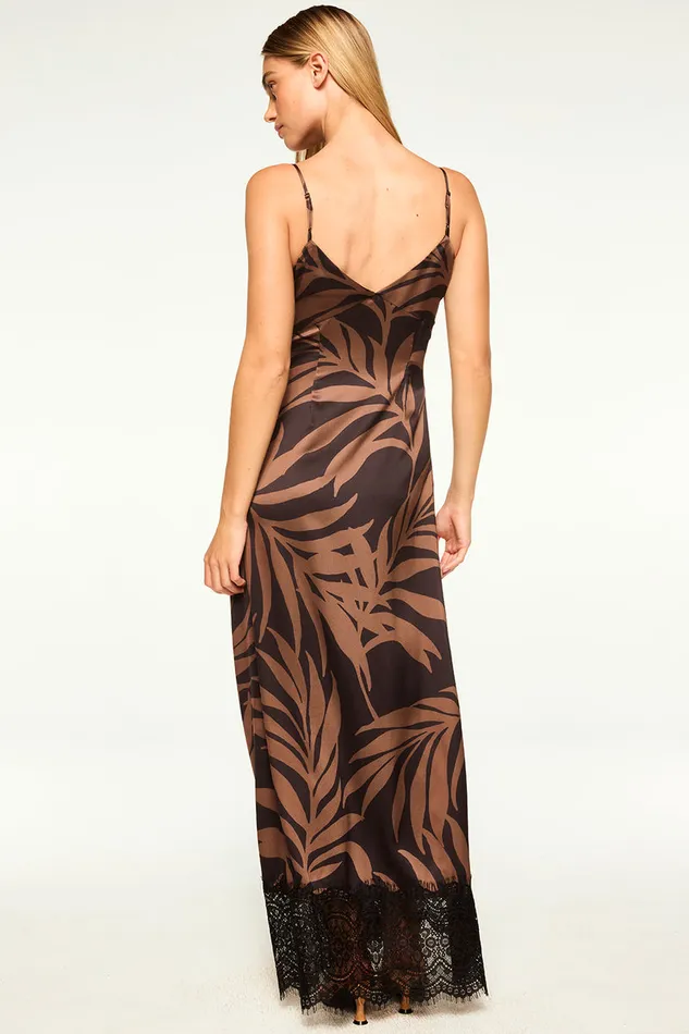 Misa Los Angeles Tova Dress Chocolate Palm Frond Satin Women Dresses