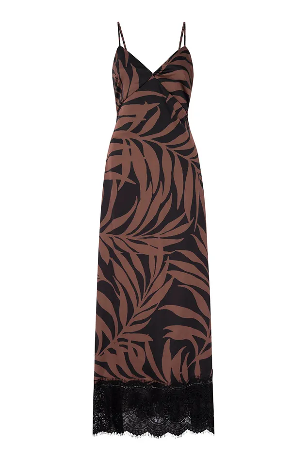 Misa Los Angeles Tova Dress Chocolate Palm Frond Satin Women Dresses
