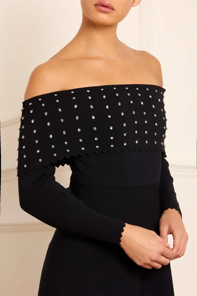 Needle and Thread Dresses Embellished Bardot Knit Gown Black 8211 Women