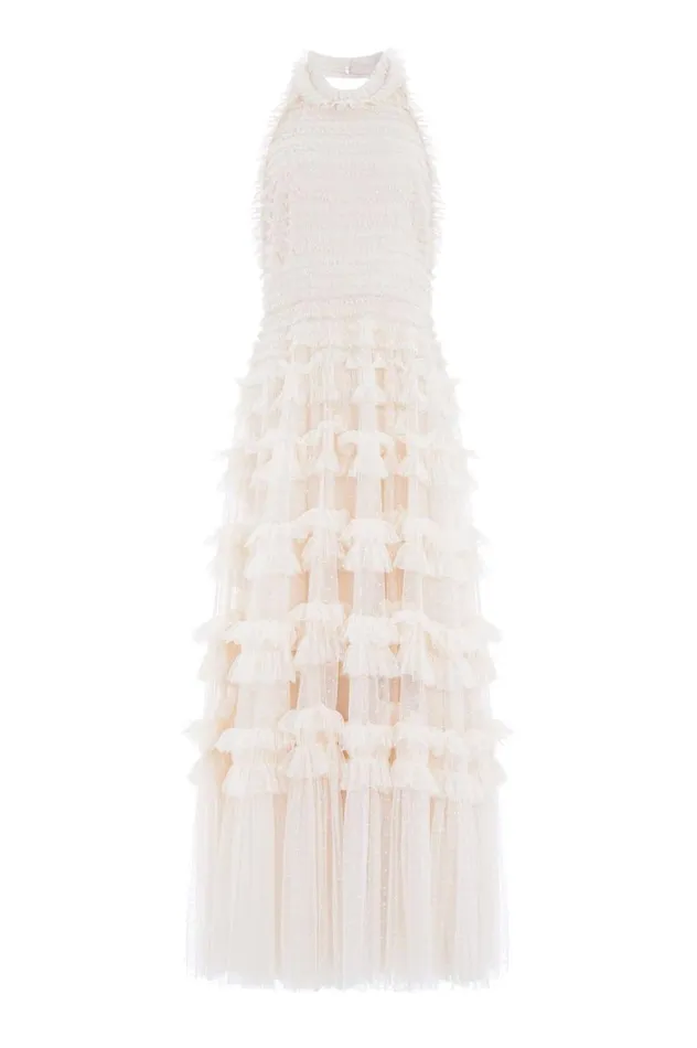 Needle and Thread Dresses Lisette Ruffle Halter Neck Gown Champagne 8211 Women