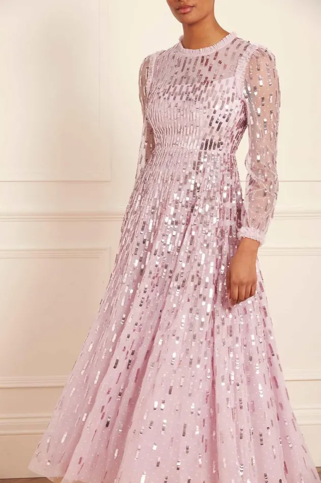 Needle and Thread Dresses Sequin Dash Long Sleeve Ankle Gown Pink 8211 Women