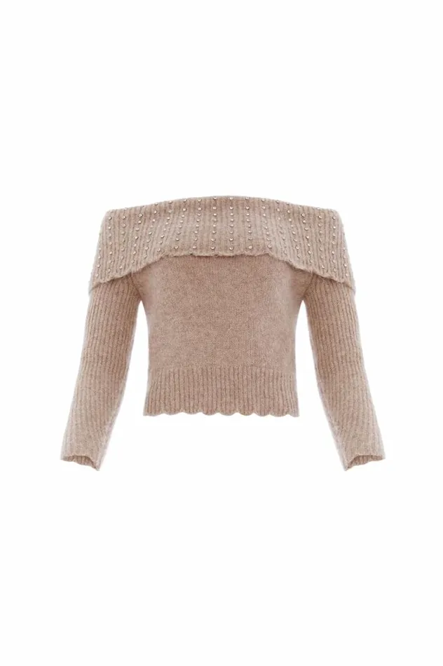 Needle and Thread Knitwear Embellished Bardot Jumper Beige 8211 Women