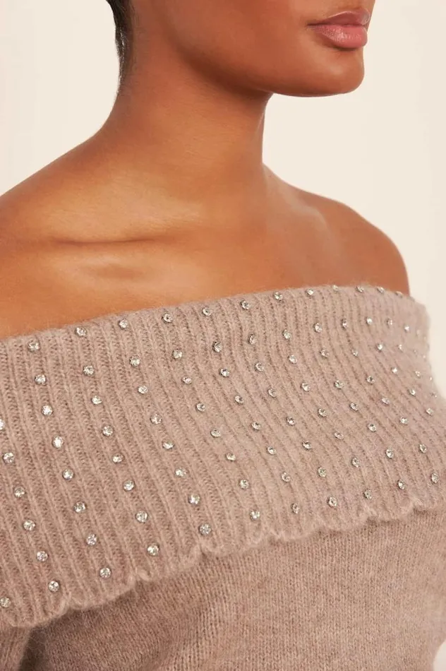 Needle and Thread Knitwear Embellished Bardot Jumper Beige 8211 Women