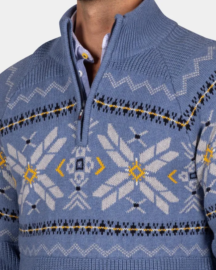 NZA New Zealand Auckland Knitwear Blue HalfZip Pullover With Colored Pattern 8211 Mineral Blue 8211 Men