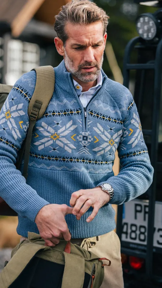 NZA New Zealand Auckland Knitwear Blue HalfZip Pullover With Colored Pattern 8211 Mineral Blue 8211 Men