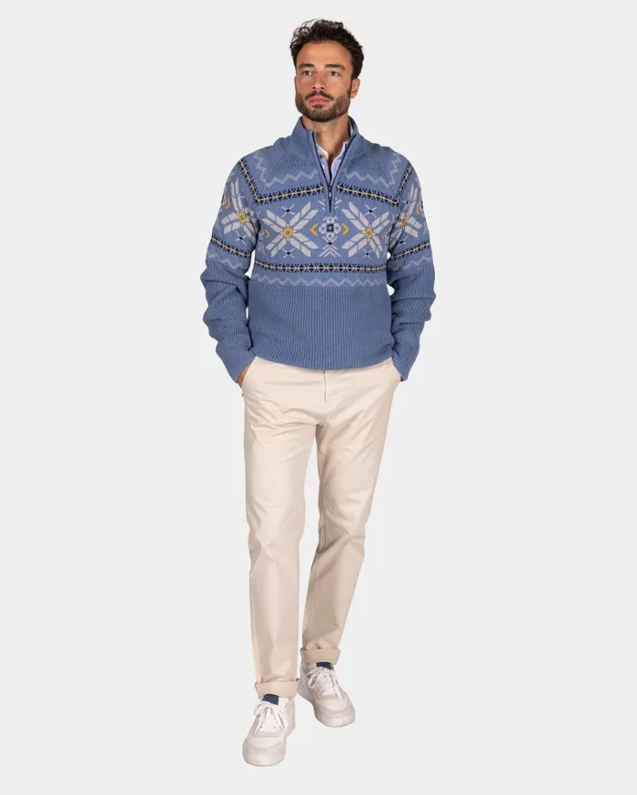 NZA New Zealand Auckland Knitwear Blue HalfZip Pullover With Colored Pattern 8211 Mineral Blue 8211 Men