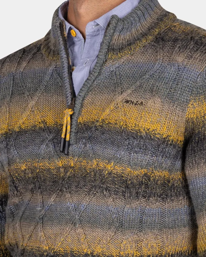NZA New Zealand Auckland Knitwear Structured Knit Sweater In Blue Yellow And Black 8211 Chestnut 8211 Men