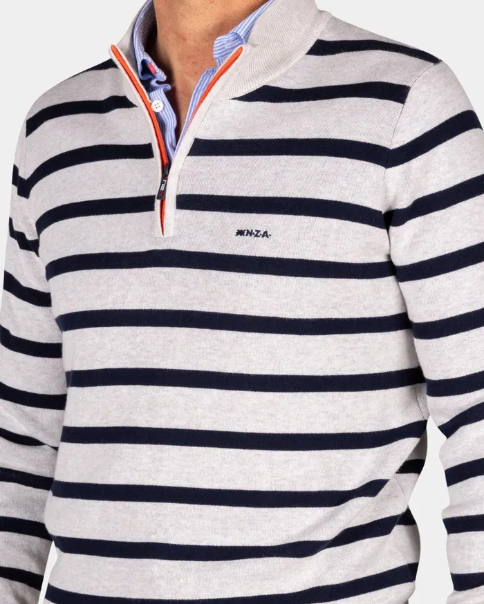 NZA New Zealand Auckland Knitwear White Cotton Sweater With Navy Stripe 8211 Shimmering Sand 8211 Men