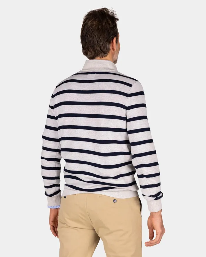 NZA New Zealand Auckland Knitwear White Cotton Sweater With Navy Stripe 8211 Shimmering Sand 8211 Men