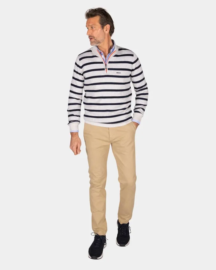 NZA New Zealand Auckland Knitwear White Cotton Sweater With Navy Stripe 8211 Shimmering Sand 8211 Men