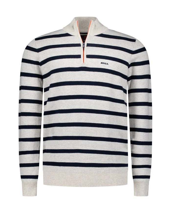 NZA New Zealand Auckland Knitwear White Cotton Sweater With Navy Stripe 8211 Shimmering Sand 8211 Men