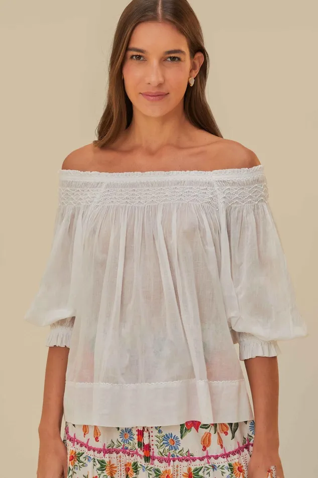 OffWhite Blue Yard Short Sleeve Blouse Women Farm Rio Blouses