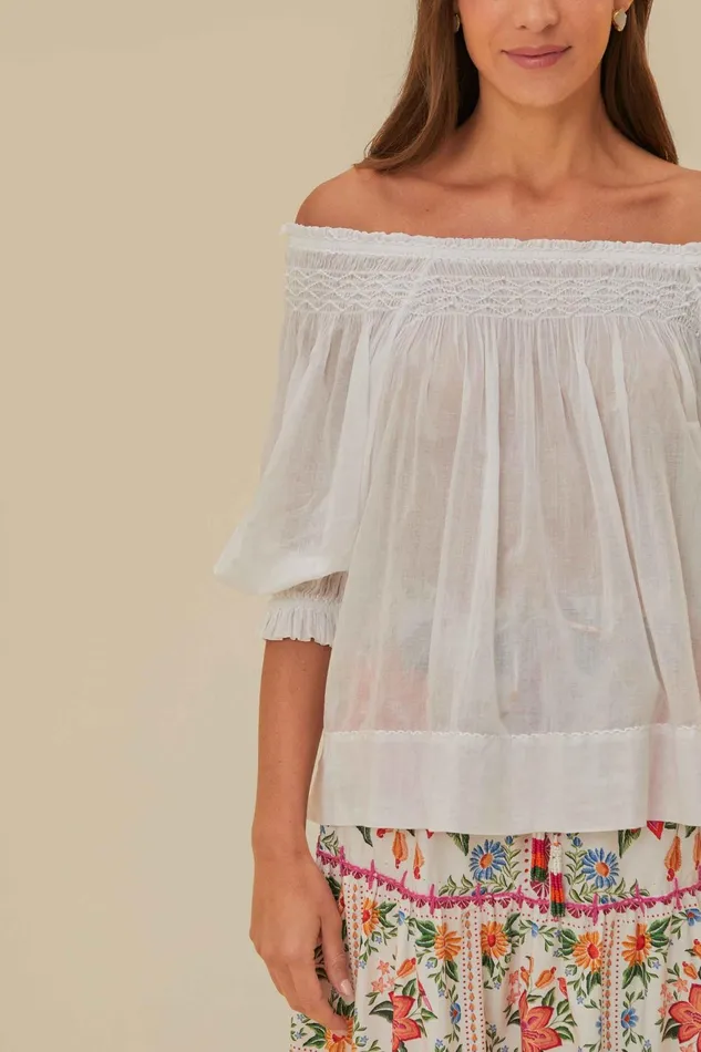 OffWhite Blue Yard Short Sleeve Blouse Women Farm Rio Blouses